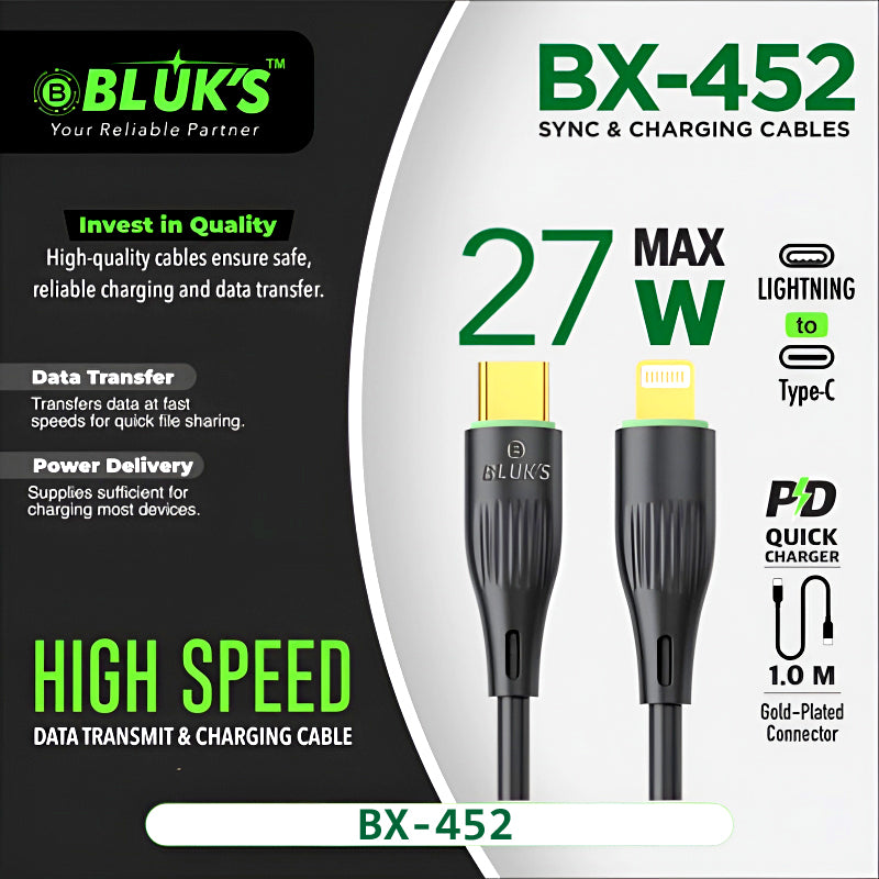 BLUK’S BX-452 Lightning to Type-C Cable – 27W PD Fast Charging & Data Sync with Gold-Plated Connectors