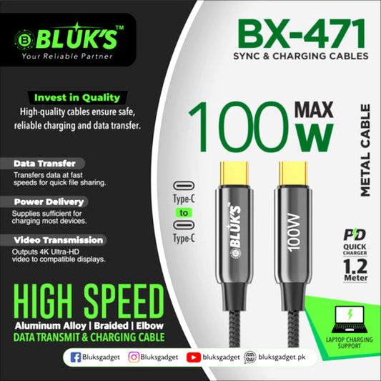 BLUK’S BX-471 High-Speed 100W Type-C to Type-C Fast Charging Braided Data Cable