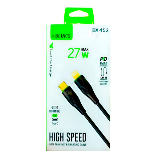 BLUK’S BX-452 Lightning to Type-C Cable – 27W PD Fast Charging & Data Sync with Gold-Plated Connectors